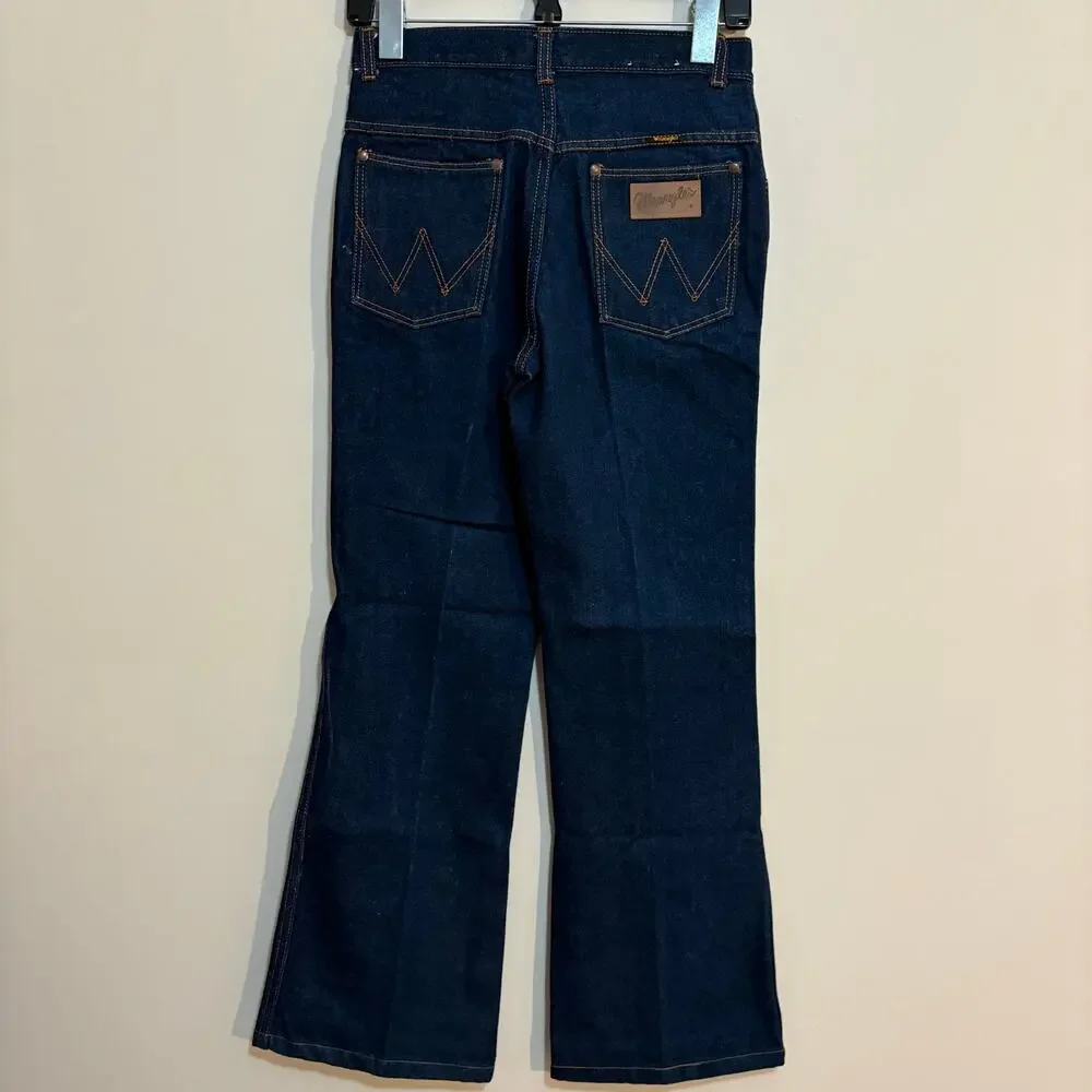 Vintage 70s Wrangler Flare Jeans 29 Long Dark Wash Indigo High Rise Bell Bottom